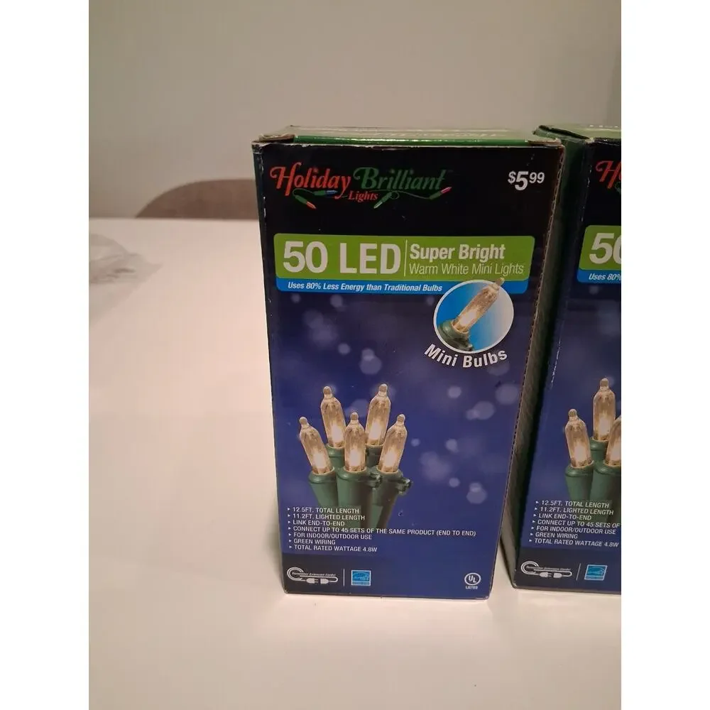 Lot of 3 Holiday Brilliant 50 LED Warm White Mini Christmas Lights Green Wire